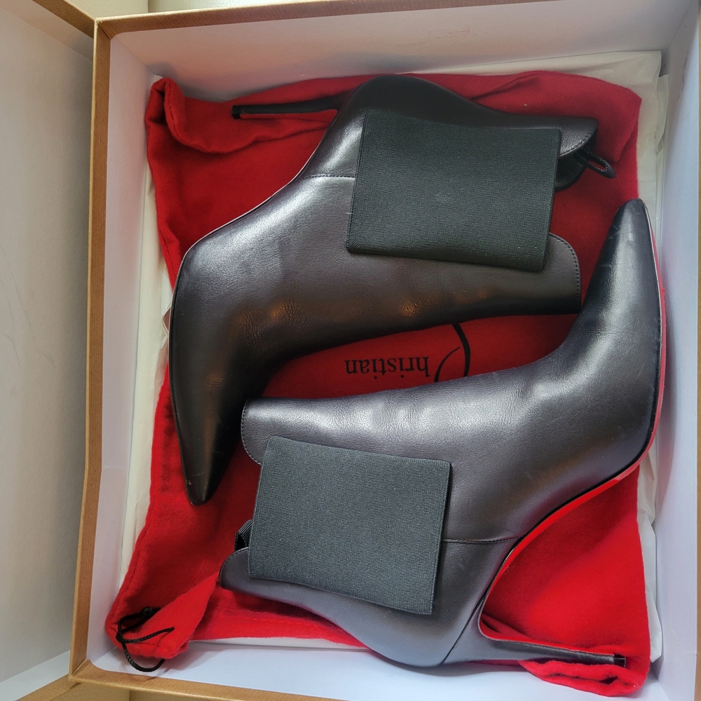 Christian Louboutin Black Leather Pointed Ankle Boots with Red Soles